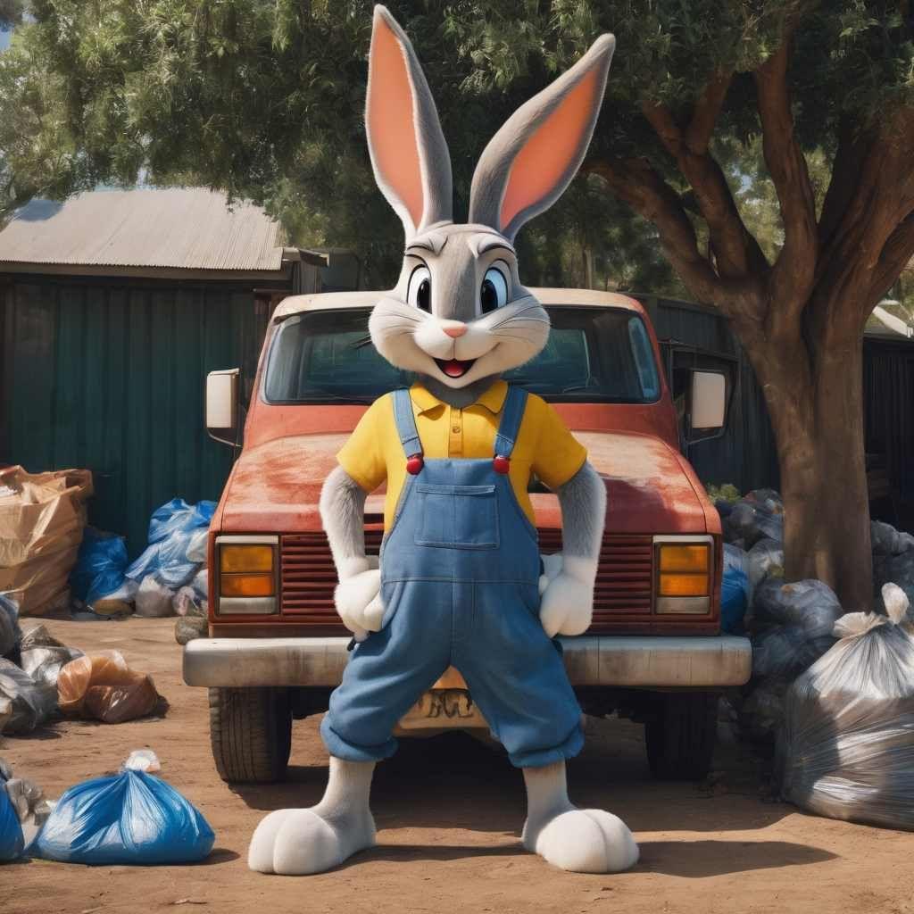 Animated rabbit character in overalls standing in front of a red truck, surrounded by garbage bags.