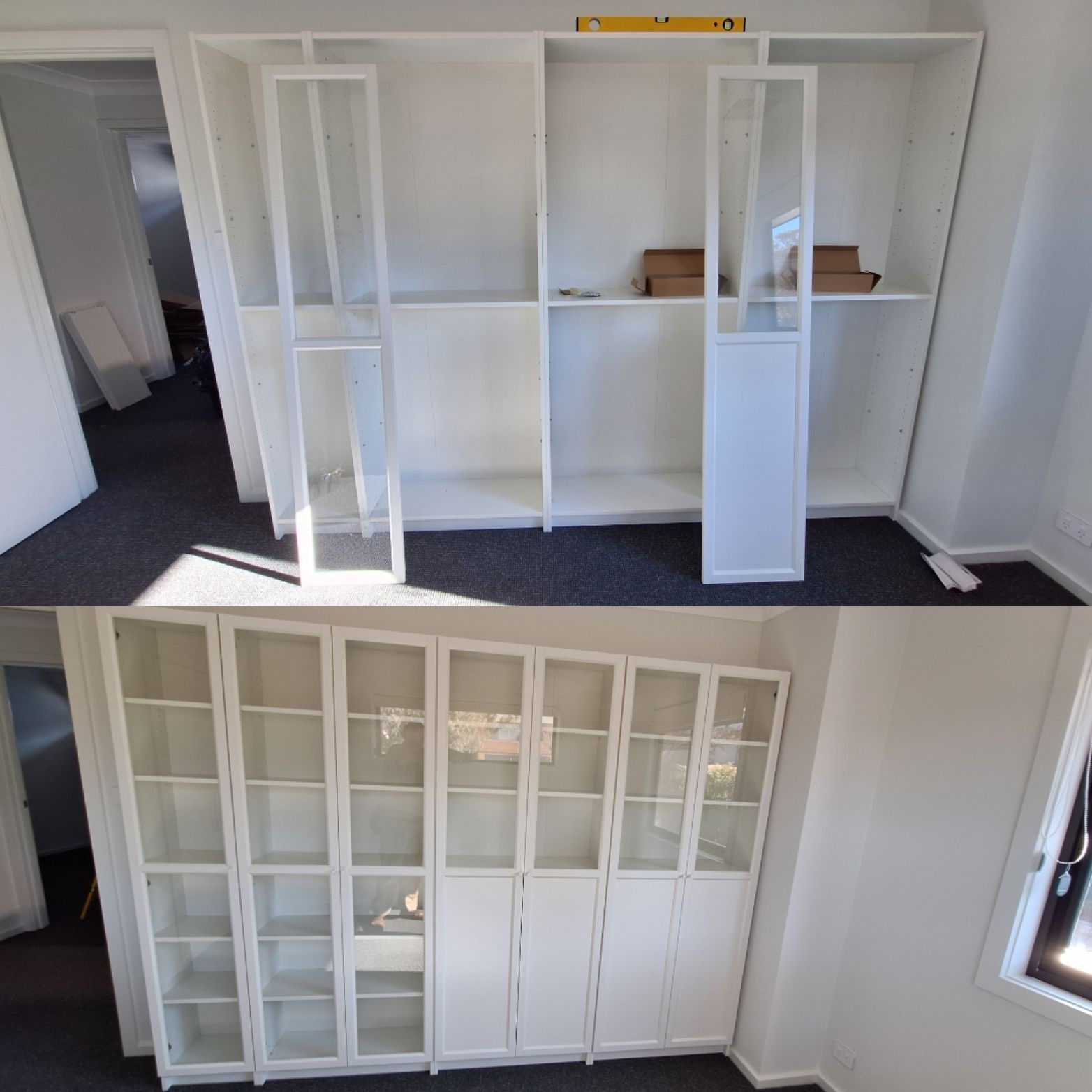 Two images showing the assembly process of white display cabinets in a room with carpeted flooring.