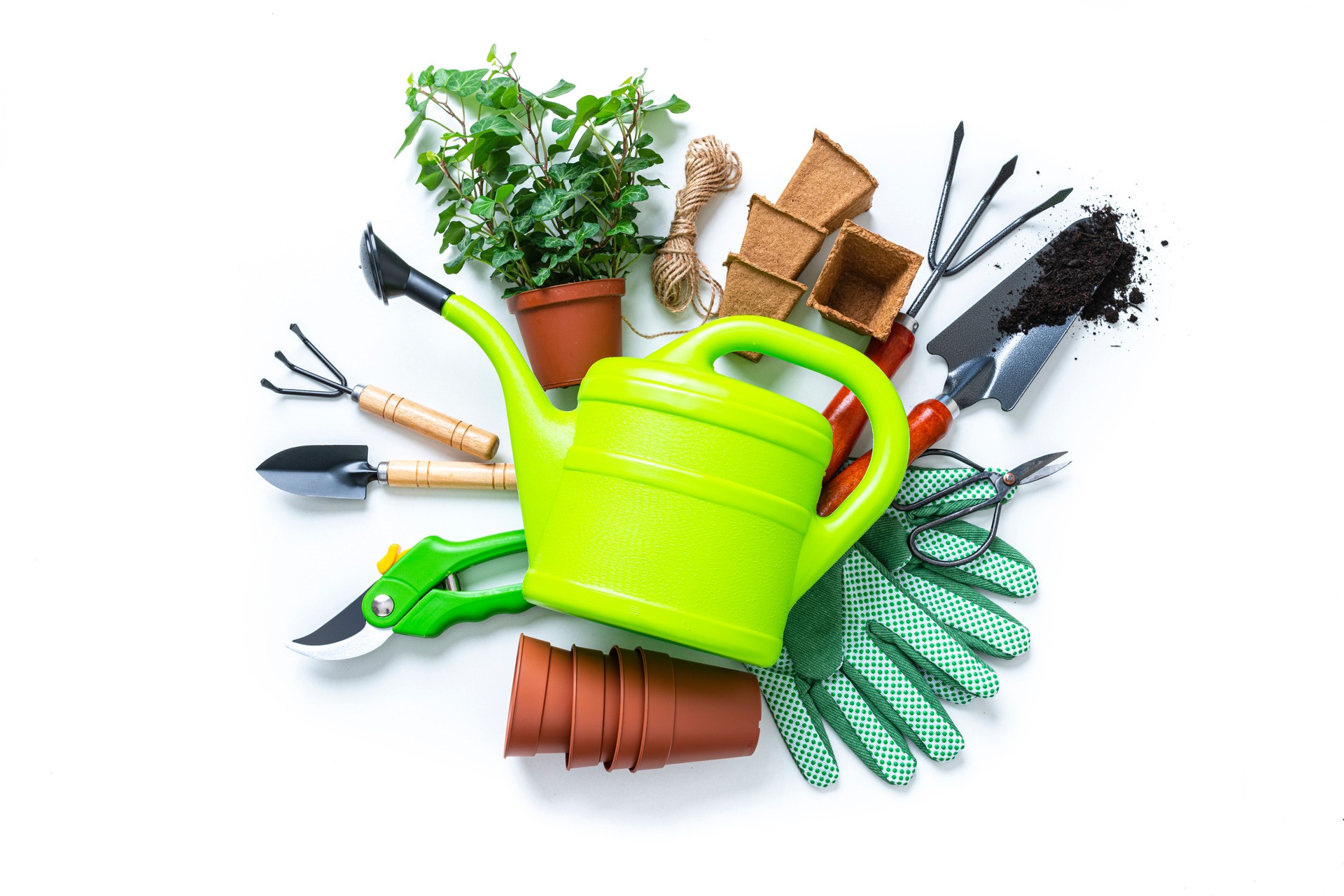 Gardening equipement shot from above on white